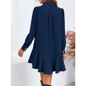 Fisoew Womens Casual Button Down Shirt Dress Long Sleeve Collared Pleated Swing Mini Dresses Navy