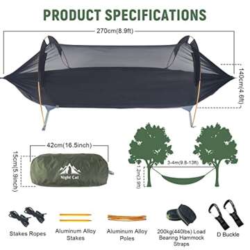 Night Cat Camping Hammock Tent with Mosquito Net and Rain Fly 1 Person Backpacking Bivvy Ground Tent with Tree Strap Swing Heavy Rain Waterproof Lightweight 440lbs