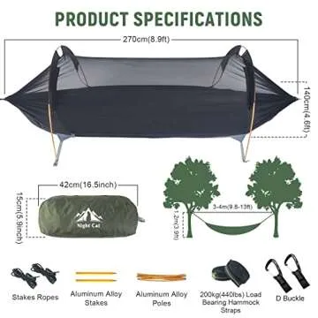 Night Cat Camping Hammock Tent with Mosquito Net and Rain Fly 1 Person Backpacking Bivvy Ground Tent with Tree Strap Swing Heavy Rain Waterproof Lightweight 440lbs