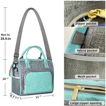 WONDAY Insulated Lunch Bag for Women, Reusable Leakproof Large Lunch Box with Adjustable Shoulder Strap, Multi-Pocket Lunch Bag Women for Work, Office, Picnic, Outdoor(Green)