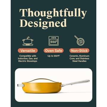 Caraway Nonstick Ceramic Sauté Pan with Lid (4.5 qt, 11.8") - Non Toxic, PTFE & PFOA Free - Oven Safe & Compatible with All Stovetops (Gas, Electric & Induction) - Marigold