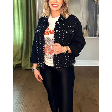 APAFES Women's Stylish Crop Fringe Denim Jacket with Studs