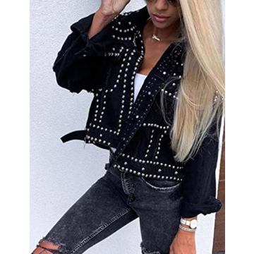 APAFES Women's Stylish Crop Fringe Denim Jacket with Studs