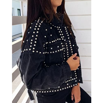 APAFES Women's Stylish Crop Fringe Denim Jacket with Studs