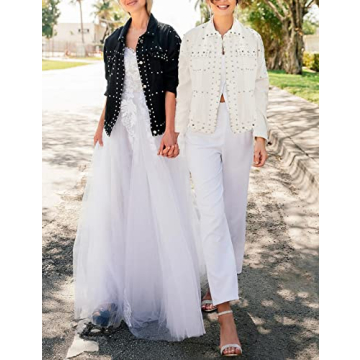 APAFES Women's Stylish Crop Fringe Denim Jacket with Studs