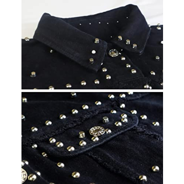 APAFES Women's Stylish Crop Fringe Denim Jacket with Studs