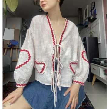 Tie Front Tops Women Valentine Shirt Clothes Gingham Coquette Bow Tops Heart Long Sleeve Cute Spring...