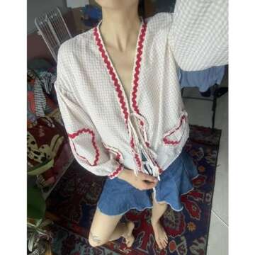 Tie Front Tops Women Valentine Shirt Clothes Gingham Coquette Bow Tops Heart Long Sleeve Cute Spring Tops (Khaki Gingham,L,Large)