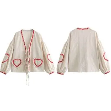 Tie Front Tops Women Valentine Shirt Clothes Gingham Coquette Bow Tops Heart Long Sleeve Cute Spring Tops (Khaki Gingham,L,Large)