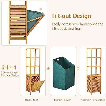 Byroce Bamboo Tilt Out Laundry Hamper with Shelves, 4-Tier Storage Shelf with Removable Laundry Basket & Handle, Tower Hamper Cabinet Organizer for Bathroom, Bedroom, Laundry Room, Living Room