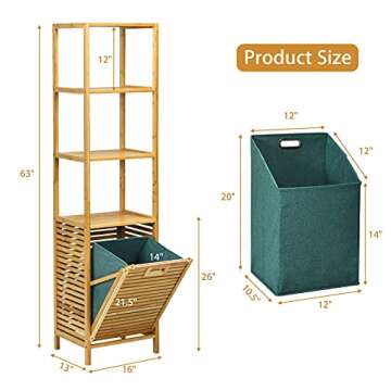 Byroce Bamboo Tilt Out Laundry Hamper with Shelves, 4-Tier Storage Shelf with Removable Laundry Basket & Handle, Tower Hamper Cabinet Organizer for Bathroom, Bedroom, Laundry Room, Living Room