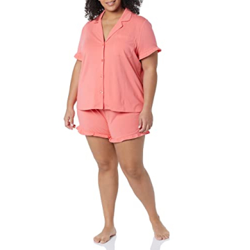 Amazon Essentials Women's Cotton Modal Piped Notch Collar Pajama Set (Available in Plus Size), Coral Pink, Medium