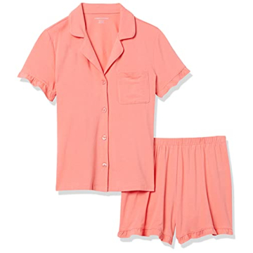Amazon Essentials Women's Cotton Modal Piped Notch Collar Pajama Set (Available in Plus Size), Coral Pink, Medium
