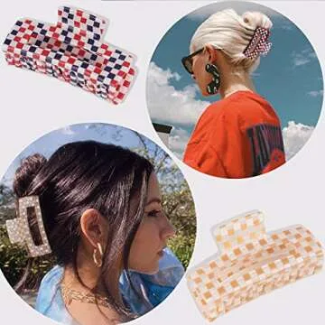 Checkered Claw Clip, Large Hair Claw Clips for Thick Hair, 2pcs Big Hair Clips for Women, Rectangle Claw Clip, Y2K Fashion Accessories Gold Red White and Blue 4th of July Decorations