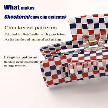 Checkered Claw Clip, Large Hair Claw Clips for Thick Hair, 2pcs Big Hair Clips for Women, Rectangle Claw Clip, Y2K Fashion Accessories Gold Red White and Blue 4th of July Decorations