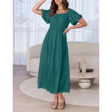 ZESICA Women's Sexy Boho Off Shoulder Puff Short Sleeve High Waist Ruffled Flowy A Line Beach Party Midi Dress