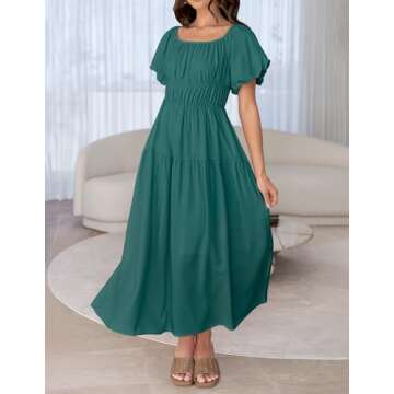 ZESICA Women's Sexy Boho Off Shoulder Puff Short Sleeve High Waist Ruffled Flowy A Line Beach Party Midi Dress