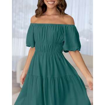 ZESICA Women's Sexy Boho Off Shoulder Puff Short Sleeve High Waist Ruffled Flowy A Line Beach Party Midi Dress