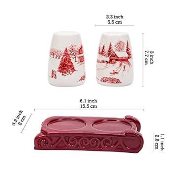 Bico Toile De Jouy Winter Wonderland Salt & Pepper Shaker Set with Holder, Handpainted, Dishwasher Safe