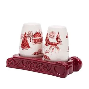 Bico Toile De Jouy Winter Wonderland Salt & Pepper Shaker Set with Holder, Handpainted, Dishwasher Safe