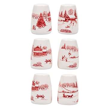 Bico Toile De Jouy Winter Wonderland Salt & Pepper Shaker Set with Holder, Handpainted, Dishwasher Safe