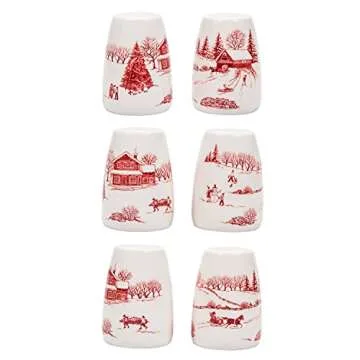 Bico Toile De Jouy Winter Wonderland Salt & Pepper Shaker Set with Holder, Handpainted, Dishwasher Safe