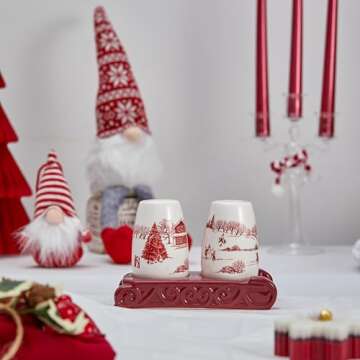 Bico Toile De Jouy Winter Wonderland Salt & Pepper Shaker Set with Holder, Handpainted, Dishwasher Safe