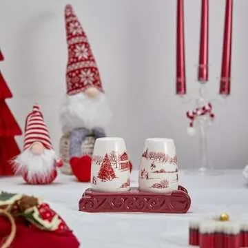Bico Toile De Jouy Winter Wonderland Salt & Pepper Shaker Set with Holder, Handpainted, Dishwasher Safe