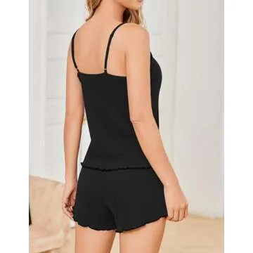 Ekouaer Womens Cami Pajama Sets 2 Piece Ribbed Knit PJs Soft Lingerie Sleeveless Tank Top and Shorts Camisole Lounge Set Black M