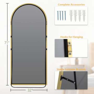 MELOMOIR 71"x32" Large Mirror Full Length, Arched Full Length Mirror with Stand, Extra Large Floor Mirror for Bedroom Living Room Cloakroom Gym, Hanging Standing or Leaning Full Body Mirror, Gold
