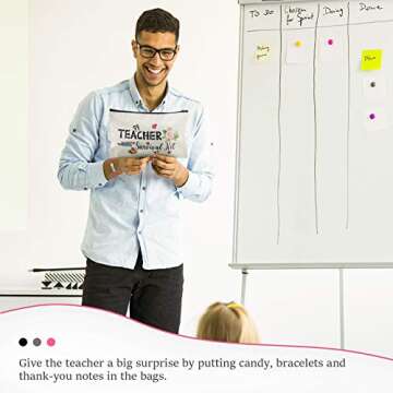 12 Pieces Teacher Appreciation Present Set 6 Teacher Survival Kit Bag Makeup Pouch Pencil Bag, 6 Teacher Blessing Card Bracelet, Teacher Cosmetic Bag Kit for Teacher's Day (Cute Style,9 x 5.9 Inch)