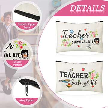 12 Pieces Teacher Appreciation Present Set 6 Teacher Survival Kit Bag Makeup Pouch Pencil Bag, 6 Teacher Blessing Card Bracelet, Teacher Cosmetic Bag Kit for Teacher's Day (Cute Style,9 x 5.9 Inch)