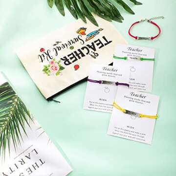 12 Pieces Teacher Appreciation Present Set 6 Teacher Survival Kit Bag Makeup Pouch Pencil Bag, 6 Teacher Blessing Card Bracelet, Teacher Cosmetic Bag Kit for Teacher's Day (Cute Style,9 x 5.9 Inch)
