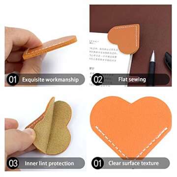 6 Pcs Cute Leather Heart Page Corner Bookmark, Handmade Book Accessories for Reading Lovers, Women Friends Book Lovers Reading, 6 Colors