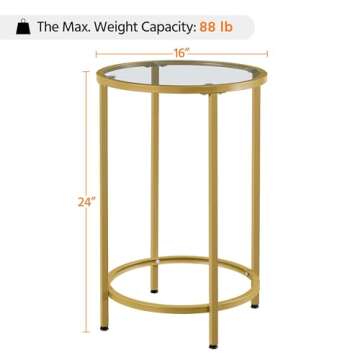 Yaheetech Gold Side Table Set of 2, Round End Tables Tall Nightstand Bedside Table Set w/Glass Top & Metal Frame for Living Room/Balcony/Bedroom/Small Space, Easy Assembly, Modern Style, Mustard Gold