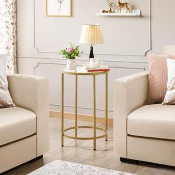 Yaheetech Gold Side Table Set of 2, Round End Tables Tall Nightstand Bedside Table Set w/Glass Top & Metal Frame for Living Room/Balcony/Bedroom/Small Space, Easy Assembly, Modern Style, Mustard Gold