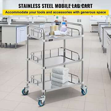 VEVOR Lab Rolling Cart 3 Shelves Shelf Stainless Steel Rolling Cart Catering Dental Utility Cart Commercial Wheel Dolly Restaurant Dinging Utility Services (23.4" x 15.6" x 33.2")