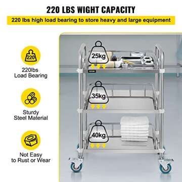 VEVOR Lab Rolling Cart 3 Shelves Shelf Stainless Steel Rolling Cart Catering Dental Utility Cart Commercial Wheel Dolly Restaurant Dinging Utility Services (23.4" x 15.6" x 33.2")