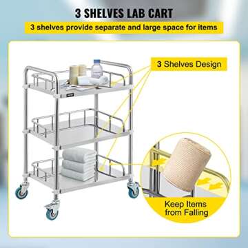 VEVOR Lab Rolling Cart 3 Shelves Shelf Stainless Steel Rolling Cart Catering Dental Utility Cart Commercial Wheel Dolly Restaurant Dinging Utility Services (23.4" x 15.6" x 33.2")