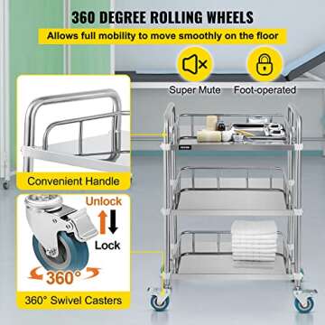 VEVOR Lab Rolling Cart 3 Shelves Shelf Stainless Steel Rolling Cart Catering Dental Utility Cart Commercial Wheel Dolly Restaurant Dinging Utility Services (23.4" x 15.6" x 33.2")