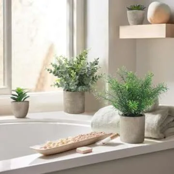 ALAGIRLS 4 Packs Fake Plants Small Artificial Plants Indoor Eucalyptus Rosemary Succulents Plants Potted Faux Plants for Home Indoor Office Bathroom Living Room Decor