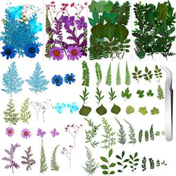 Nuanchu 109 Pieces Dried Pressed Flowers for Resin, Real Pressed Flowers Leaves Mixed Multiple Dried Flowers with Tweezer for DIY Art Crafts Scrapbooking,Candle,Nails Decor, Soap Making