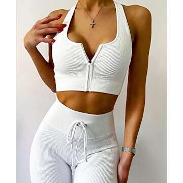 SVVINN Women Workout Outfits 2 Piece Ribbed Seamless Gym Zipper Bra Yoga High Waist Leggings Sets (815 White, m)