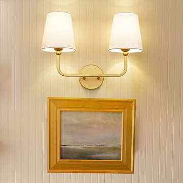 METWET 2-Light Gold Bathroom Vanity Light Fixtures, Modern Bedside Wall Sconces with Flared White Fabric Shade for Hallway Living Room Kitchen Bedroom Stairway, VL837-GD