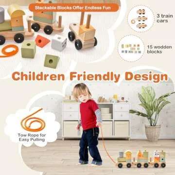 Costzon Wooden Train Set, 3-Section Towable Train Toys with Stackable Building Block, Cute Animal Patterns & Hook Connection Design, Toy Train for Baby Toddler Early Learning Education