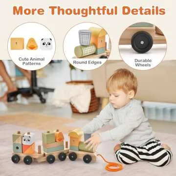 Costzon Wooden Train Set, 3-Section Towable Train Toys with Stackable Building Block, Cute Animal Patterns & Hook Connection Design, Toy Train for Baby Toddler Early Learning Education