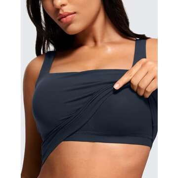 CRZ YOGA Butterluxe Womens Square Neck Longline Sports Bra - Workout Crop Tank Tops Padded Yoga Camisole with Built in Pads True Navy Medium