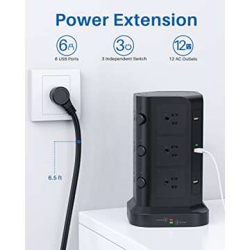 Power Strip Tower by KOOSLA, [15A 1500J] Surge Protector - 12 AC Multiple Outlets & 6 USB Ports, Fla...