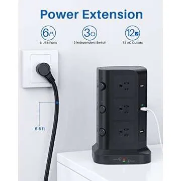 Power Strip Tower by KOOSLA, [15A 1500J] Surge Protector - 12 AC Multiple Outlets & 6 USB Ports, Fla...