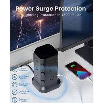 KOOSLA Power Strip Tower with Surge Protection and USB Ports